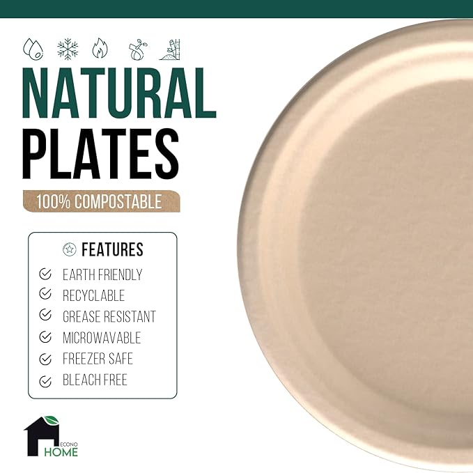 EconoHome 9 Inch Compostable Paper Plates [125-Pack] - Eco-Conscious Disposable Plates Made of Bagasse or Sugarcane Fiber - Microwave, Refrigerator-Safe - Heavy Duty Paper Plates for Dinner