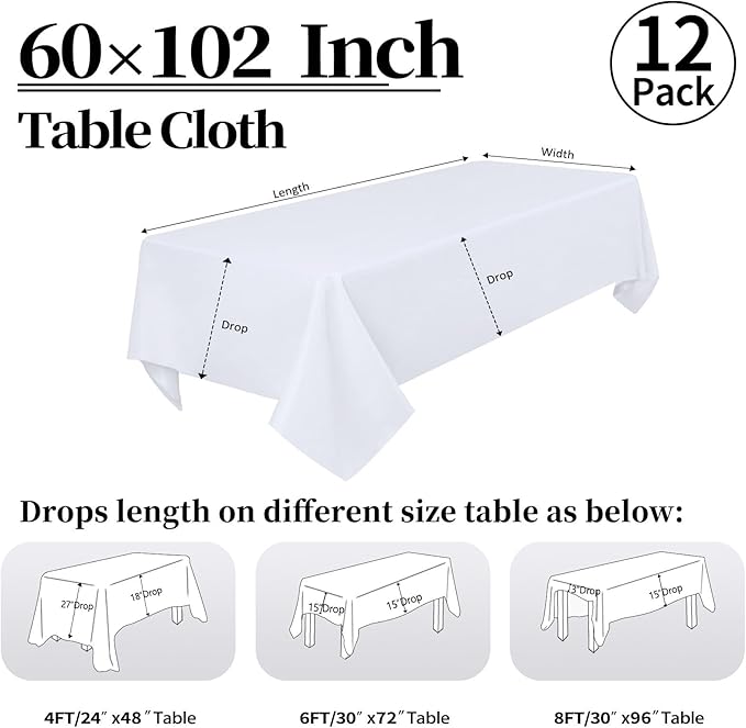 12 Pack White Tablecloth 60 x 102 Inch Rectangular Table Cloth for 6 Foot Rectangle Tables, Wrinkle Resistant Washable Polyester Fabric Table Covers for Wedding Party Banquet Buffet and Camping