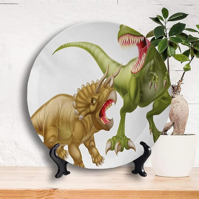 Ceramic Display Plate, Dinosaur Ceramic Hanging Decorative Plate, Rex Versus Triceratops Scaring Each Other, 10 Inch, Living Room Kitchen Decoration Household, Green Pink Pale Brown