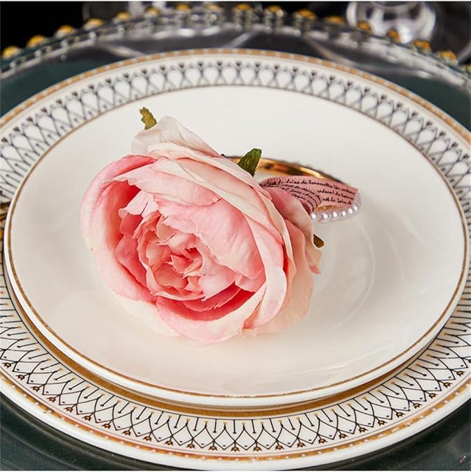 Pearl Napkin Rings Set of 6,Rustic Rose Napkin Rings Flower Dinner Napkin Holder for Table Decoration (21#Peach Pink)
