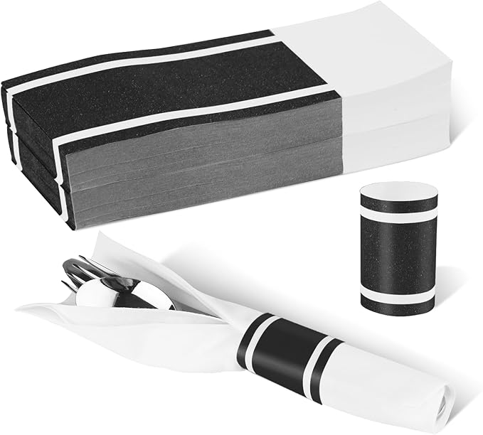 Germiwipe 500 Pcs Black White Paper Napkin Bands Self Adhesive, 1.5x4.25 Inch Silverware Wraps Band Paper Napkin Rings for Restaurant, Family Gathering, Outdoor, Wedding and Holidays