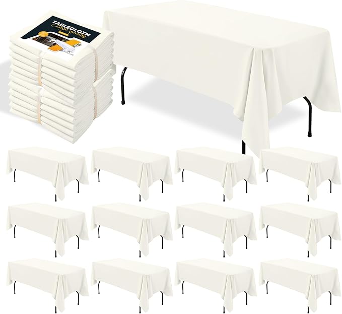 BIGTONE 12 Pack Ivory Rectangle Tablecloth 60 x 102 Inch, Cross Ribbon Packing Reusable Table Clothes for 6 Foot Tables, Wrinkle Resistant Polyester Fabric Table Cover for Wedding, Party, Banquet