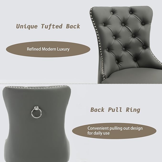 KCC Faux Leather Dining Chairs Set of 4, Upholstered High-end Tufted Dining Room Chair with Nailhead Back Ring Pull Trim Solid Wood Legs, Contemporary Nikki Collection Modern Style for Kitchen, Gray