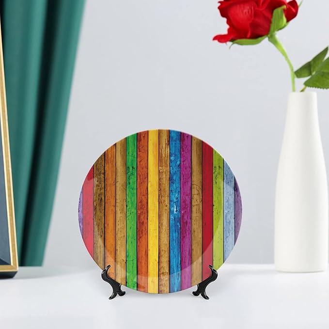 Ceramic Plates, Abstract Decorative Ceramic Plates, Vibrant Wooden Artistic Cheerful Art Rainbow Image, 8 Inch, for Dining, Parties, Wedding, Multicolor