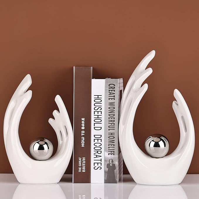 12" H White Silver Aesthetic Room Decor Accent, TV Stand Funky Table Centerpiece, Abstract Art Ceramic Statue and Sculpture, Silver Decor for Living Room, Bookshelf Decorative Objects, Shelf Decor