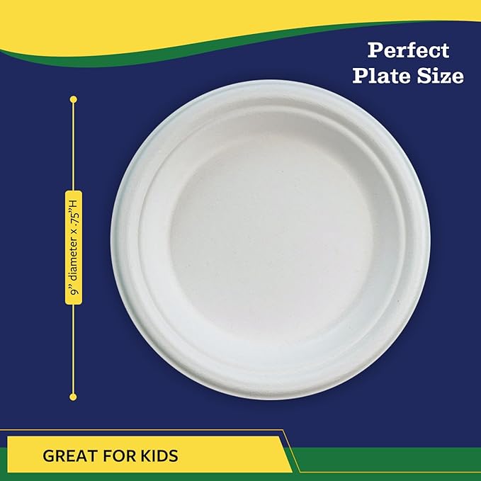 9” Compostable Plates, 125-Pack | Biodegradable Sugarcane | Sturdy, Microwave-Safe Disposable Plates for Parties & Events