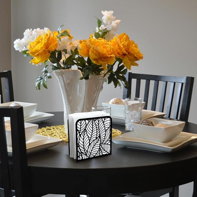 Morden Leaf Decorative Black Metal Napkin Holder for Table, 4.9" x 4.9" x 1.9" Standing Napkin Holder for Home Kitchen Restaurant Picnic Party Coffee Bar Dining Room