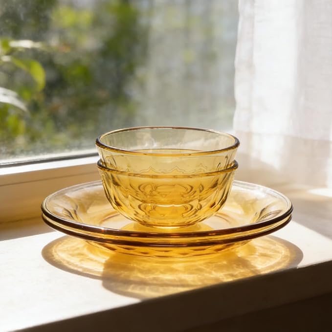 Sunflower Glass Dinnerware Set, 2 Diamond Bowls 5.1" x 2.8" and 2 Plates 9", Set of 4 Amber Glass,High Temperature Resistant Glass Dish, Dishwasher Safe