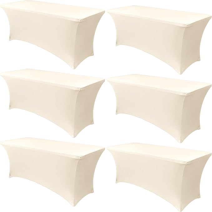 Obstal 6 Pack Stretch Spandex Table Covers for 8 Foot Tables - 8 FT Universal Rectangular Fitted Tablecloth Protector for Wedding, Banquet, Party (Cream, 96 Length x 30 Width x 30 Height Inches)