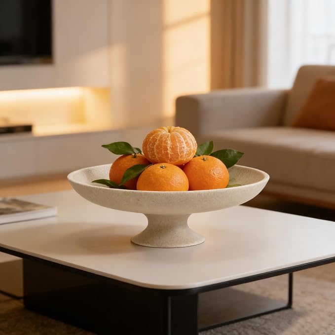 Large Decorative Bowl, Decorative Fruit Bowl for Kitchen Counter, Modern Pedestal Bowl for Home Decor, Stylish Key Bowls for Entry Table, Coffee Table Decorations (Beige)