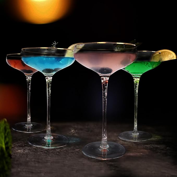 Vintage Martini Glasses Set of 2, Tall Stemmed Coupe Glasses, Gold Rim Cocktail Champagne Glasses, Perfect for Bar, Martinis, Margaritas, Parties, Ideal Gift Choice, 7.7oz Clear