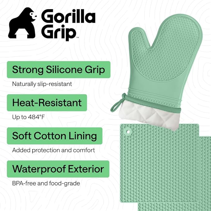 GORILLA GRIP BPA-Free Soft Silicone Oven Mitts and Pot Holders Sets of 4, Heat Resistant Waterproof Cooking Gloves, Thick Cotton Lining, Flexible Gripping for Baking Grilling, Kitchen Trivets, Mint