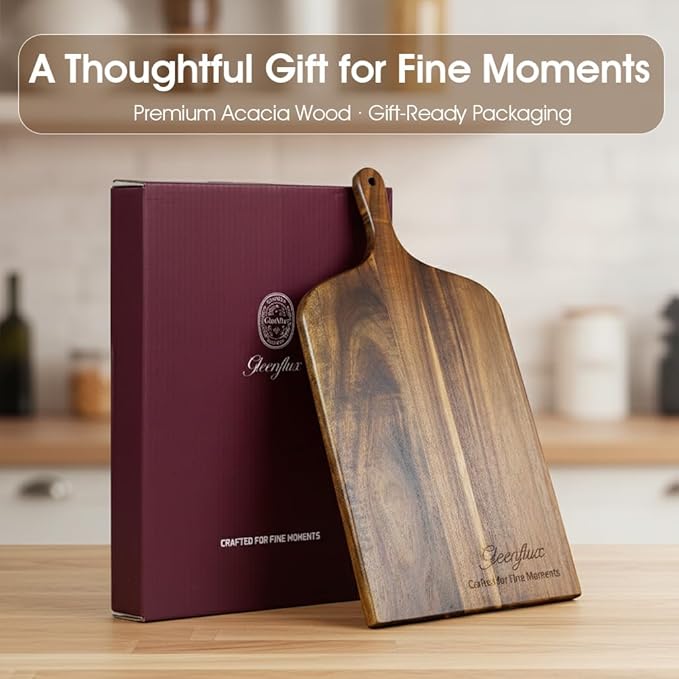 Acacia Wood Charcuterie Board with Handle, Large Cheese Serving & Entertaining Board, Premium Natural Grain Wooden Board for Appetizers, Snacks & Gift Giving