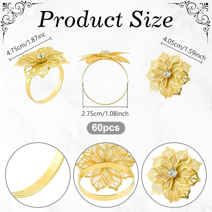 60Pcs Flower Napkin Ring, Hollow Out Floral Napkin Holder Table Ring Buckle Dining Table Setting for Party Wedding Banquet Christmas Family Gatherings Gather Prom Table Decoration (Gold)