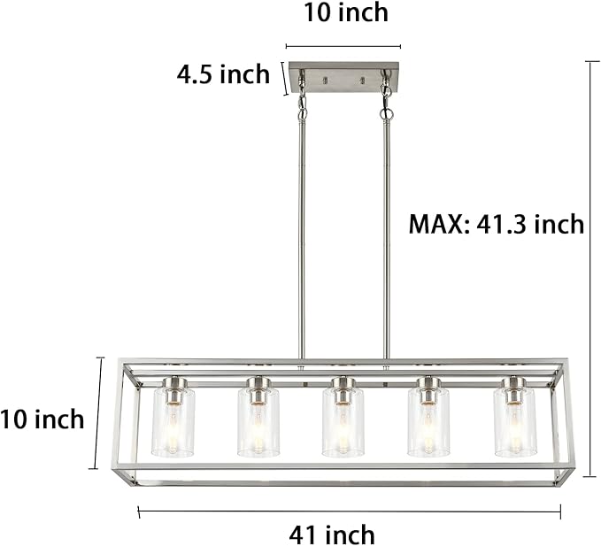 XILICON Dining Room Lighting Fixture Hanging Farmhouse Brushed Nickel 5 Light Modern Pendant Lighting Contemporary Chandeliers with Glass Shade for Living Dining Room Bedroom Kitchen Island