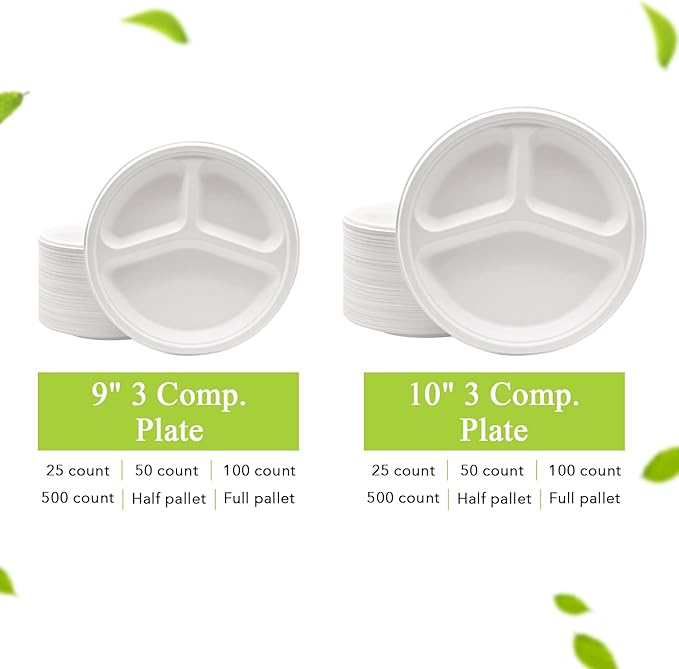 three leaf 10" 3 COMPARTMENT BAGASSE ROUND PLATE, 500 Ct. Heavy-Duty- Super Strong- Natural- Eco-Friendly Disposable Bagasse Plates, 100% Biodegradable 10 inch 3 compartment plates