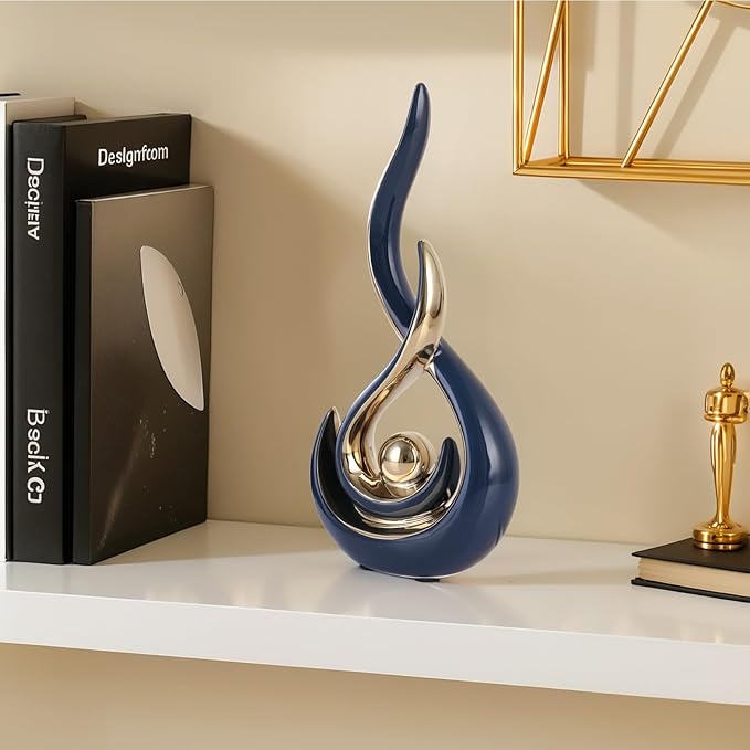 Ceramic Abstract 2 Piece Statue Set, Blue and Gold Home Decor Accents for Home Decor Statue Mantel Shelf Decor Unique Shelf Decor on Mantel, TV Cabinet Divider Table Top and Dining Table Centerpiece.