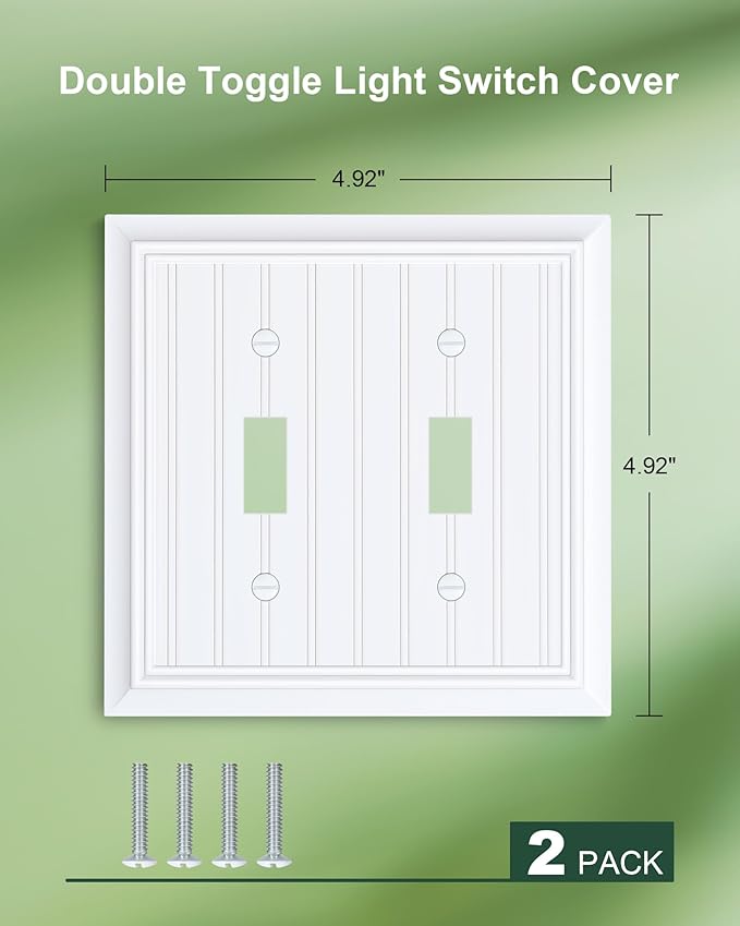 2-Pack Classic Beadboard Double Toggle Light Switch Cover Plate, Durable Natural Bamboo Fiber Decorative Switch Plate Covers, Pure White 2 Gang Wall Plate, Corrosion Resistant