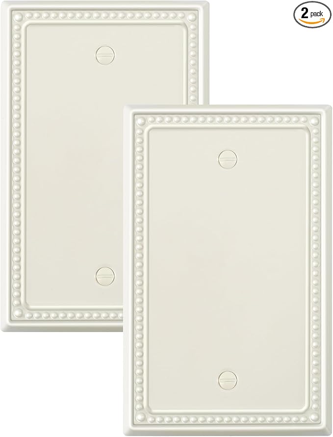 2-Pack Blank Outlet Cover Wall Plate, Metal Switch Plates Outlet Covers, Light Almond Pearls Beaded Decorative Wall Plates for Electrical Outlets
