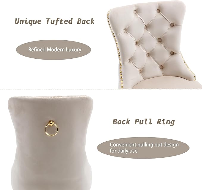KCC Velvet Dining Chairs Set of 6, Upholstered High-end Tufted Dining Chair with Nailhead Back Ring Pull Trim Stainless Steel Legs, Contemporary Nikki Collection Modern Style for Kitchen, Beige