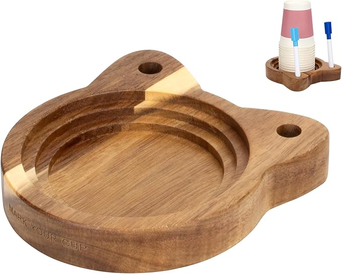 Cat Face Party Cup Holder, Scratch Resistant Drink Organizer with Marker Slots for Birthdays, Holiday Gatherings, Wooden Cup Stand Fits Variety of Disposable Cup Sizes for Kitchen Countertop