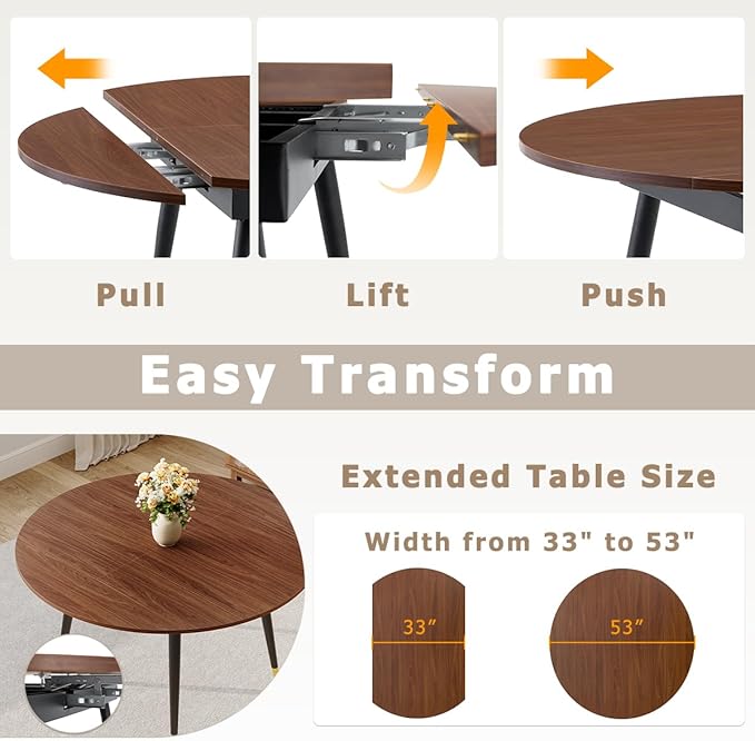53” Round Dining Table Set for 4｜5 Piece Wood Dining Table Set｜Extendable Dining Room Table with 4 Chairs｜Walnut Wooden Tabletop with Metal Legs｜Easy Assembly｜Space Saving｜for Kitchen, Living Room