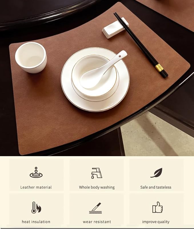 Leather Round Table Washable Placemats, Thick Faux Leather Heat Resistant Wedge Table Placemat, Waterproof Non-Slip Easy to Clean Place mat for Kitchen Coffee Dining Room Table Set of 4