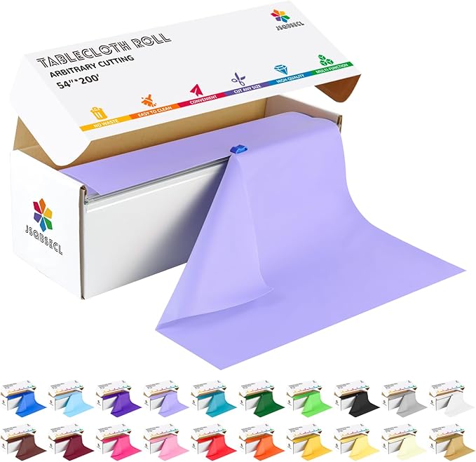 54 Inch X 200 Feet Plastic Table Cover Roll with Convenient Slide Cutter, Disposable Plastic Table Cloth Roll with Cut-to-Size Design for Weddings, Banquets, Parties (Light Purple)