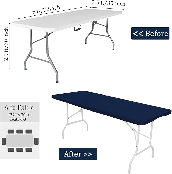 4 Pack Spandex Table Top Cap Cover Stretch Fitted Washable Elastic Rectangle Tablecloth for 6 FT Folding Tables for Indoor Outdoor Party (72 x 30 Inches, Navy Blue)