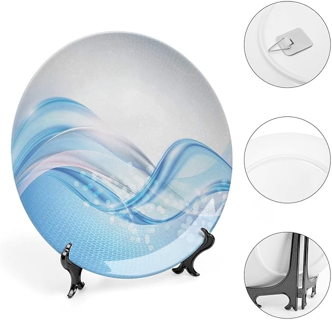 Decorative Plates, Abstract Print Ornament, Modern Wavy Ocean Surfer Summertime Themed, 7 Inch, 1 Plate with 1 Display Stand, Pale Blue and White