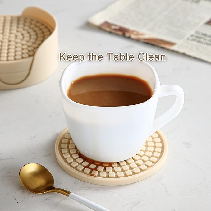 Colinda Silicone Drink Coasters with Holder, Set of 6, for Tabletop Protection and Office Desk, Cup Mat Set for Home Decor, Non-Slip and Non-Stick,Round, 4 Inch,Beige