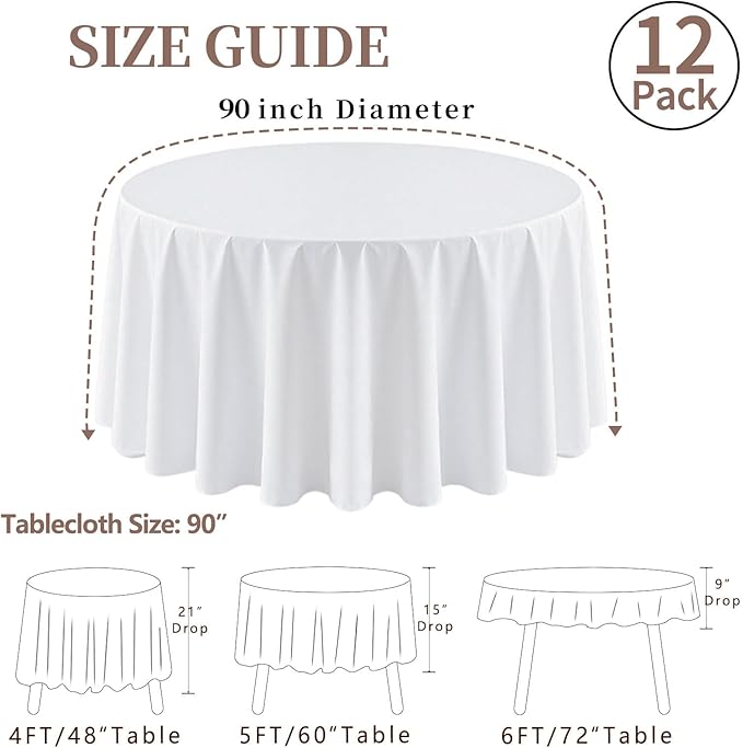 12 Pack Round Tablecloth 90 Inch Cloth White Tablecloth for Round Tables, Washable Polyester Table Cloth Stain and Wrinkle Resistant Decorative Table Cover for Wedding Party Dining Banquet