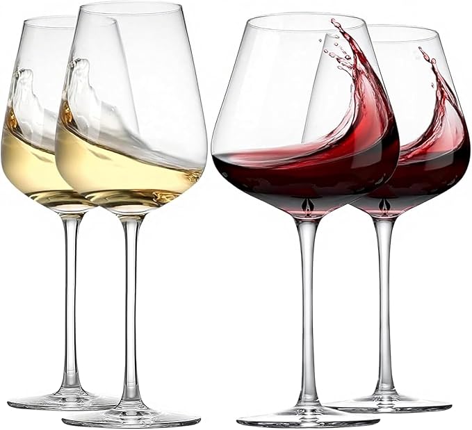 Physkoa Wine Glass Set of 4 – 2 Red (22oz) & 2 White (14oz) Hand-Blown Crystal Glasses, Perfect for Birthday, Wedding & Housewarming Valentines's Day Gifts
