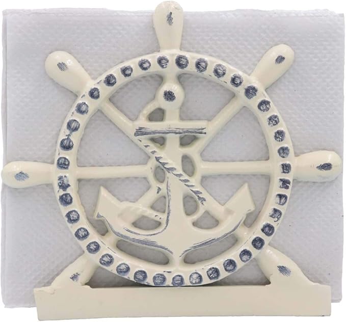 THDC Nautical Napkin Holder, Lunch, Dinner, Nautical Collection Napkin Holder, Made of Metal (Anchor Distressed Ivory)