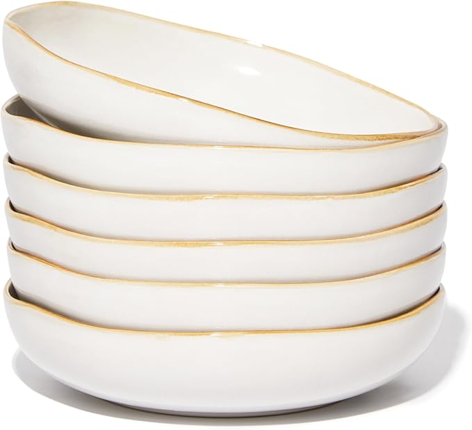 Pasta Bowls Set of 6, Wavy Rim Large Salad Bowl, Dishwasher Safe Ceramic Plates, White Everyday Pasta Plates for Soup, Noodle, Dinner