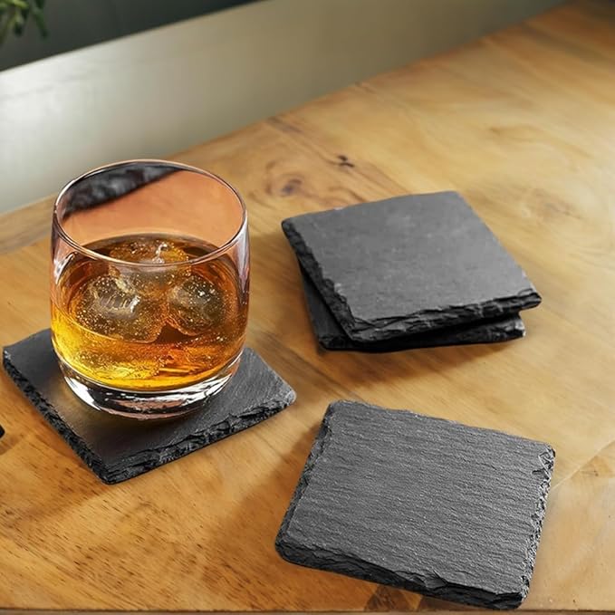 24 Pack 4 inch Square Slate Coasters,Handmade Natural Rough Edge,with Integral Anti-Skid pad,Laser Engraving Blanks,Stone Coasters