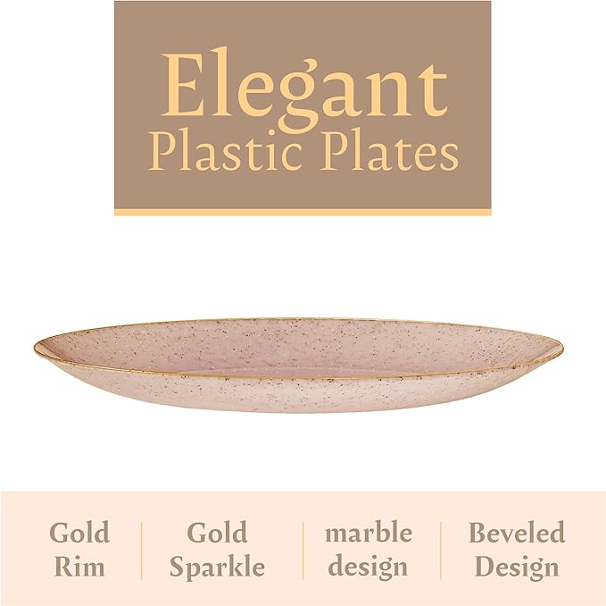 PLASTICPRO 30 Pack Disposable Plastic Plates Heavyweight Granite Look Elegant 10 inch Dinner Plates Pink with Gold Rim