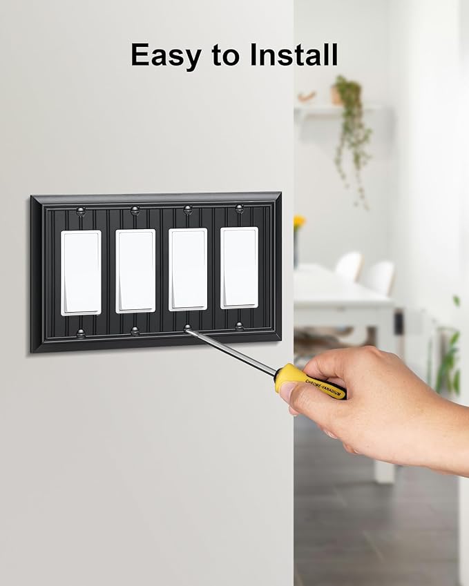 2-Pack Classic Beadboard Double Duplex Outlet Cover, Matte Black Decorative Switch Plates and Outlet Covers for Electrical Outlets, Durable Natural Bamboo Fiber Wall Plates, 2 Gang Receptacle Cover