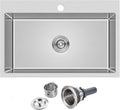 ROVATE 26 ×18 inches Drop-in Kitchen Sink Single Bowl 304 Stainless Steel, Handmade 9 Inches Deep Topmount Kitchen Sink with 1 Hole
