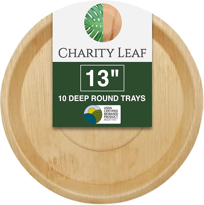 Charity Leaf Disposable Palm Leaf 13" Deep Round Trays (10 pieces) Bamboo Like Serving Platters, Disposable Boards, Eco-Friendly Dinnerware For Weddings, Catering, Events