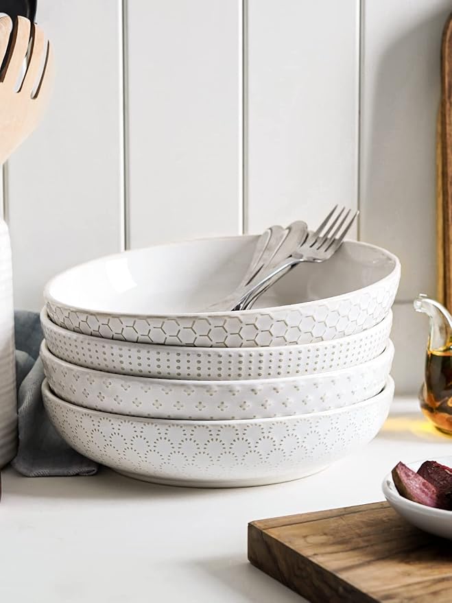 LE TAUCI Dinnerware Sets 16 PCS, Ceramic Plates and Bowls Set, Suit For House Warming Wedding, Serve for 4 (10" Dinner Plates + 8" Salad Dish + 22 oz Cereal Bowl+32 oz Pasta Bowls) x 4, Arctic White
