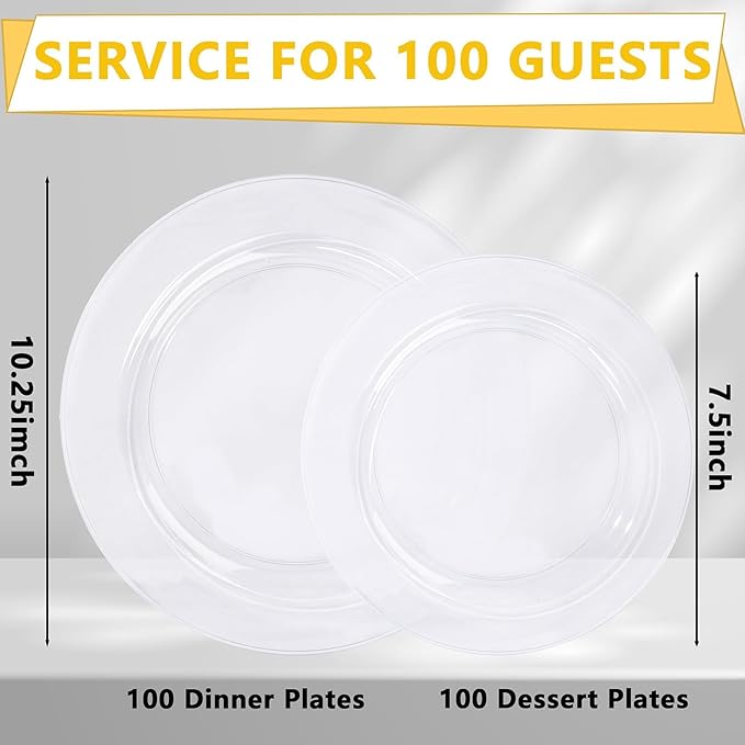 I00000 200PCS Clear Plastic Plates, Disposable Clear Plates for 100 Guests, Premium Dinner and Dessert Plate, Fancy Hard Plastic Party Plate for Birthday, Wedding & Party
