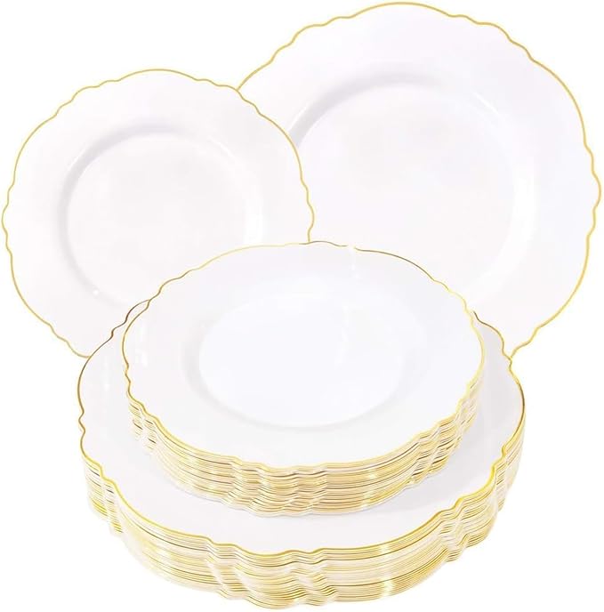 WDF 60pcs White and Gold Plastic Plates - Baroque White With Gold of 30 Heavy Duty Gold dinner plates 10.25inch, 30 Salad Plates 7.5inch Perfect for Weddings/Party/Birthday/Valentine's Days