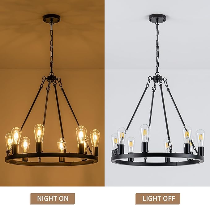 8-Light Wagon Wheel Chandelier, Farmhouse Chandelier Dining Room Light Fixture, Black Round Industrial Rustic Pendant Lighting, Vintage Hanging Lights for Kitchen Island Living Room Bedroom Entryway