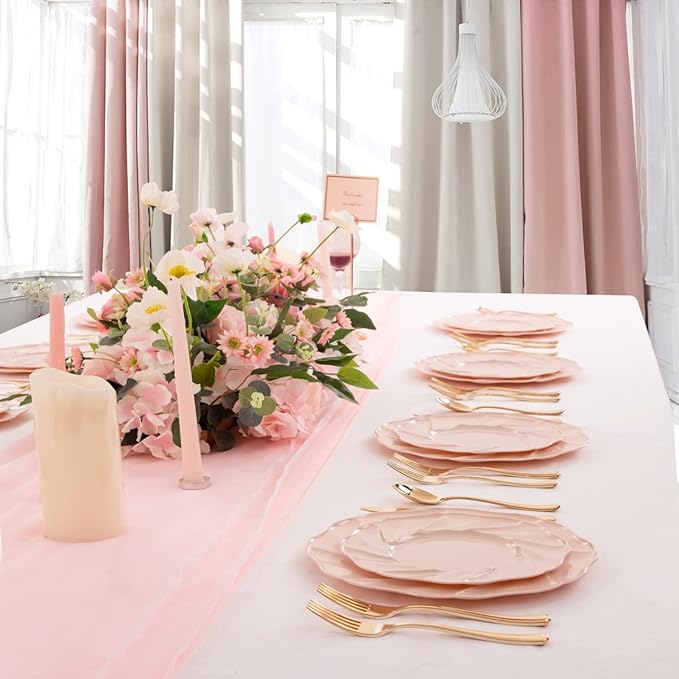 Morejoy Pink Plastic Plates 60PCS for Party, Disposable Plates, Includes 30PCS Dinner Plates, 30PCS Dessert Plates, Perfect for Wedding, Shower, Valentine's Day