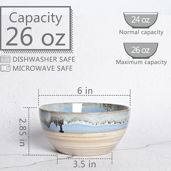 Bosmarlin Stoneware Soup Bowl Set of 4, 26 Oz, Cereal Bowl for Oatmeal, Dishwasher and Microwave Safe, Reactive Glaze (Blue, 6 in)