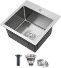 ROVATE 15 x 15 x 8 inch Drop in Bar Sink, Small Top-mount Kitchen Sink Single Bowl, Overmount Handmade 304 Stainless Steel Bar Sinks with Basket Strainer