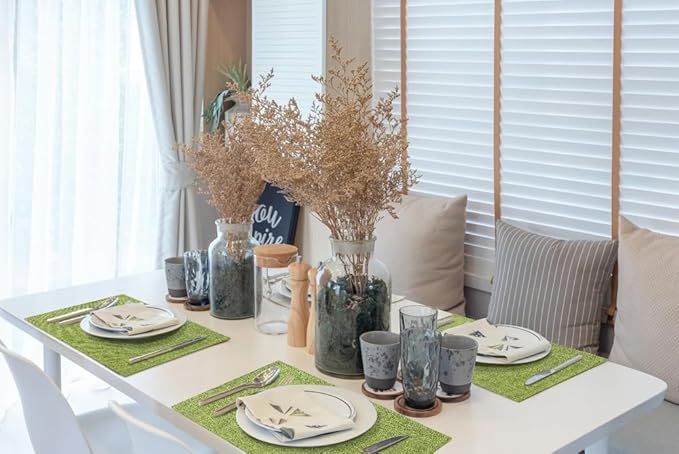 homing Cotton Linen Placemats Set of 6, Cloth Washable Farmhouse Dining Table Mats for Indoors & Outdoors, Easy to Clean, Grass Green, 13 x 19 Inch