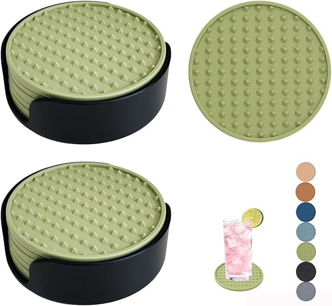 Set of 12 Silicone Coasters, 4'' Drink Coaster with Holder, Round Coasters for Drinks Beer Coffee Home Office Bar Desk Tabletop Protection, Non-Slip Rubber Coaster (Green, 12 Pcs-Plastic Holder)