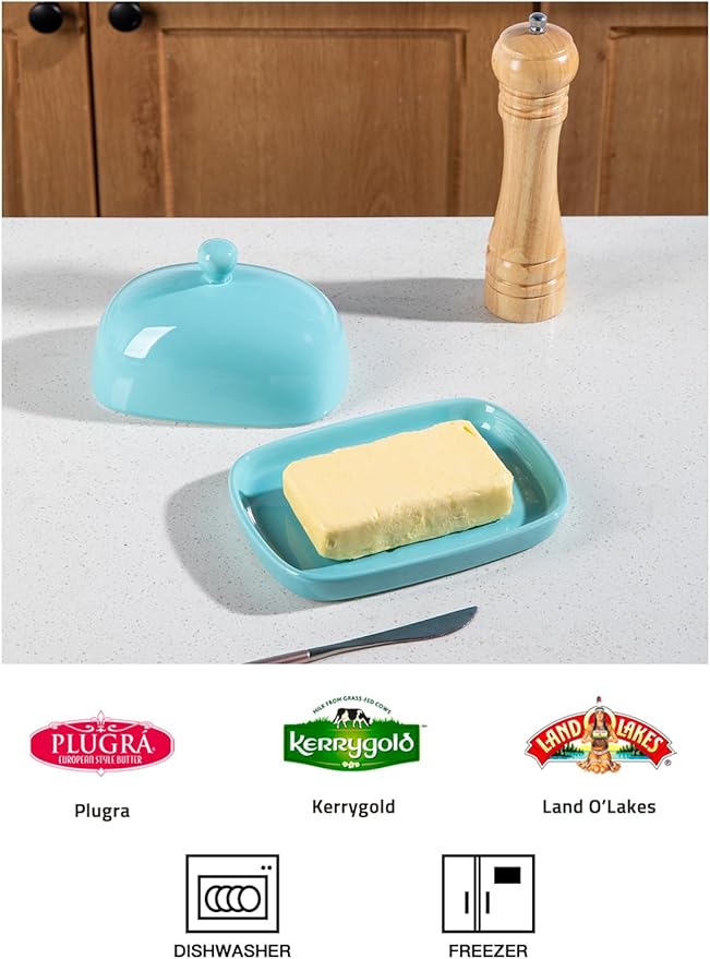 Sweejar Ceramic Butter Dish with Lid for Countertop,Porcelain Butter Keeper with Knob Handle,Butter Container for East/West Coast Butter, 7.3*4.1 inches (Turquoise)